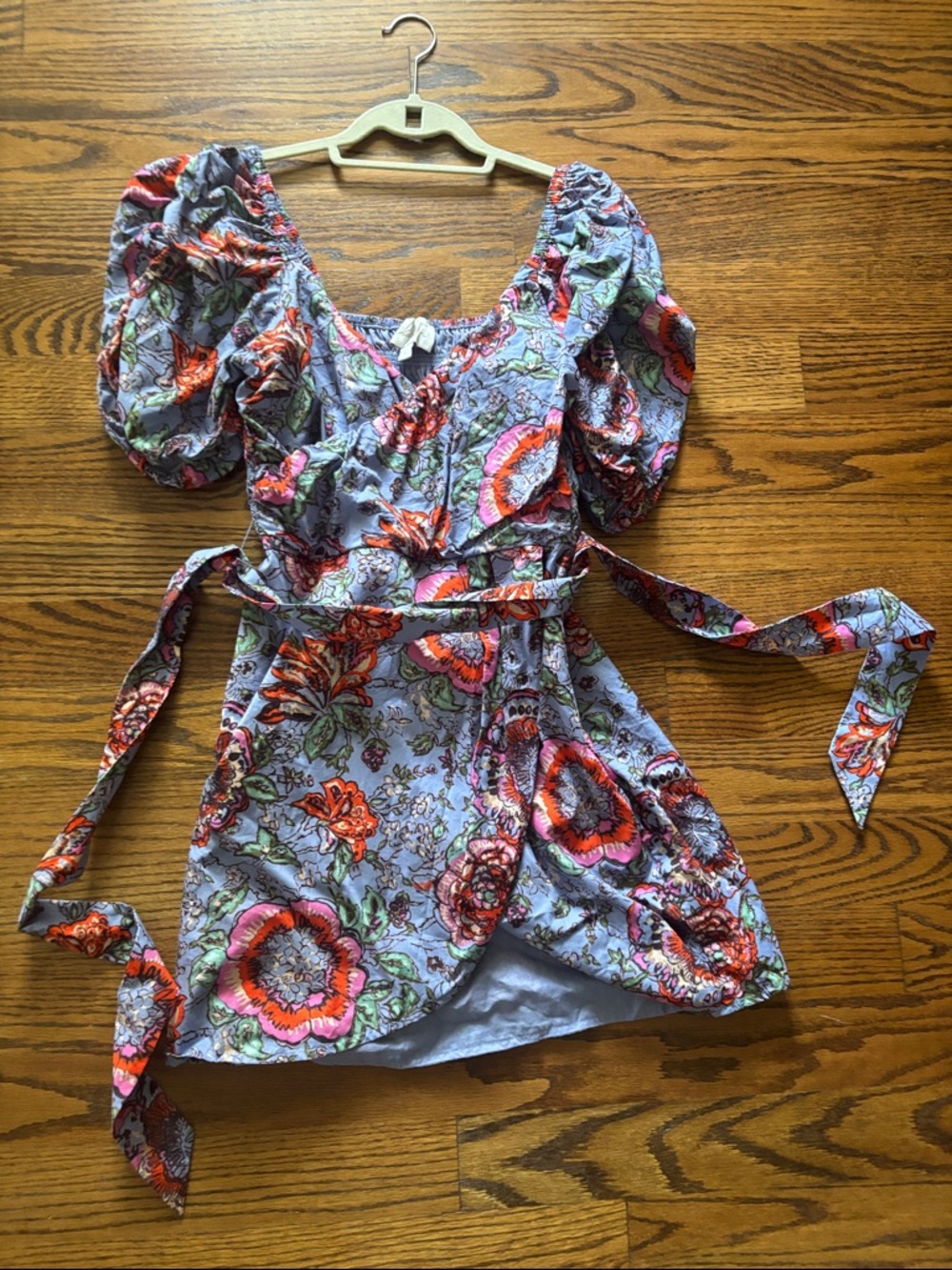 Cleobella Lavender Floral Wrap Dress with Coral pink and green Accents